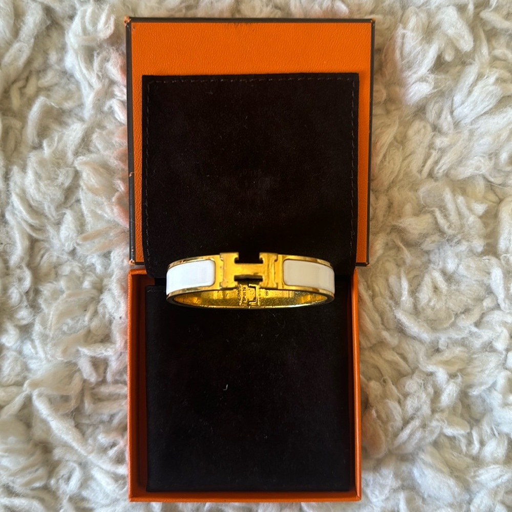 Gold and White Hermes Clic Clac Bracelet